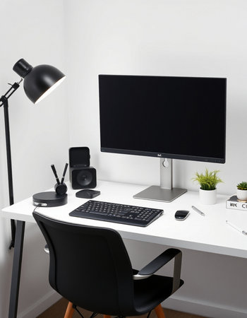 Modern workspace with computer, laptop and other items. 3d render