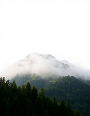 Mountain landscape with fog and coniferous forest on the slopes