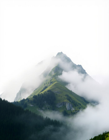 Mountain landscape with fog and clouds. Caucasus Mountains, Georgia.
