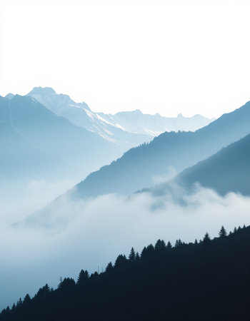 Mountain landscape with fog and mist. Caucasus Mountains, Georgia.