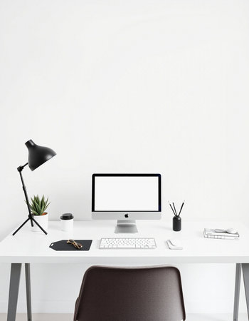 Minimalistic workspace with computer and supplies. 3D Rendering