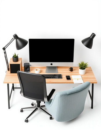 workplace with computer and lamp on a white background. 3d rendering.の写真素材
