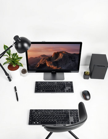 Modern workspace with computer, keyboard, mouse and accessories. 3d renderの写真素材