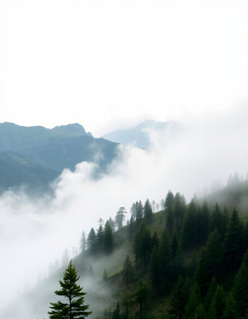 Foggy mountain landscape with coniferous forest and high peaks