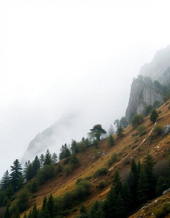 Foggy mountain landscape with pine trees in the foreground and fog in the background