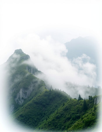 Mountain landscape with fog and clouds in Huangshan, China.