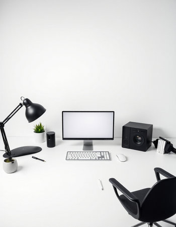 workplace with computer, keyboard, mouse and lamp on white backgroundの写真素材