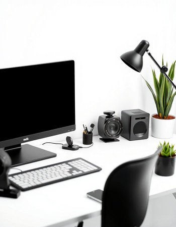 workplace with computer, keyboard, mouse, lamp and plants