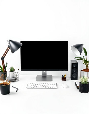 Modern workspace with computer, keyboard, mouse and accessories on white background
