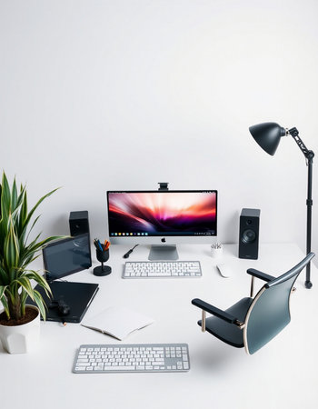 workplace with computer, lamp, keyboard, mouse, chair and plant
