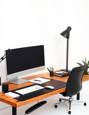 Workplace with computer, lamp and stationery on wooden table in officeの写真素材
