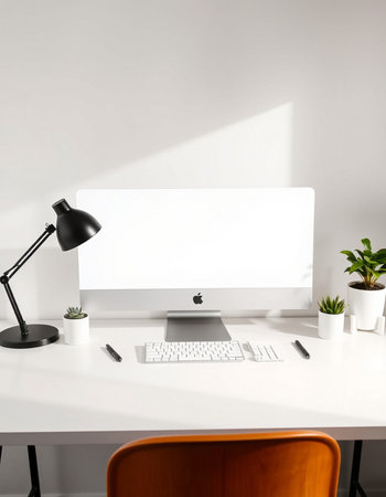 Workplace with blank screen computer, keyboard, mouse, lamp and decorations in modern officeの写真素材