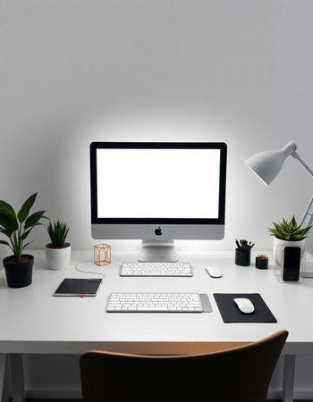 3D Rendering : illustration of modern designer desktop with blank white computer screen