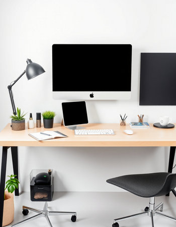 Modern workplace with computer, coffee cup and other items. Mock upの写真素材
