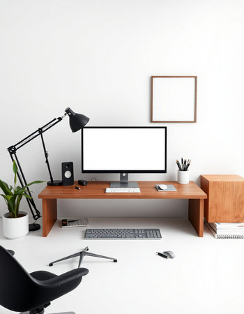 Workplace with computer, lamp and office supplies. 3d rendering