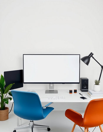 Modern office interior with blank white screen on the desktop computer. 3d renderの写真素材
