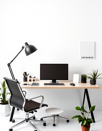 Workplace with computer, lamp and stationery in modern office interiorの写真素材