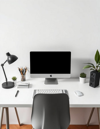 Workplace with blank computer monitor, keyboard, mouse, coffee cup and other items. Mock up, 3D...