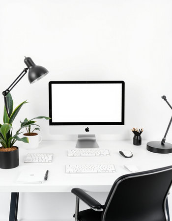 Modern workspace with blank screen computer monitor, stationery and decorations. 3D Renderingの写真素材