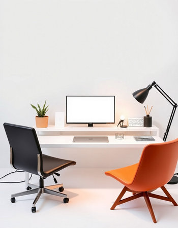 Modern workspace with computer, lamp and chair. Workplace concept. 3D Rendering