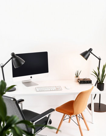 modern workplace with computer, lamp and chair isolated on white, nobodyの写真素材