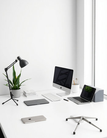 workplace with laptop and tablet pc, 3d render, mock upの写真素材