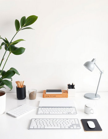 White office desk with keyboard, mouse, coffee cup, stationery and houseplant