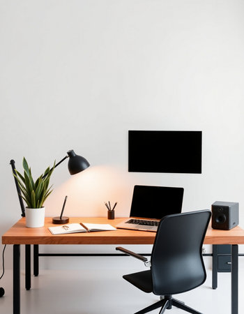 interior of modern office with wooden desk and laptop, nobody insideの写真素材