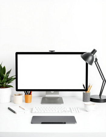 Modern workspace with computer and office supplies on white table. Mock upの写真素材