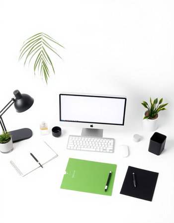 Modern workspace with computer, supplies and decorations on white background. Flat lay, top viewの写真素材