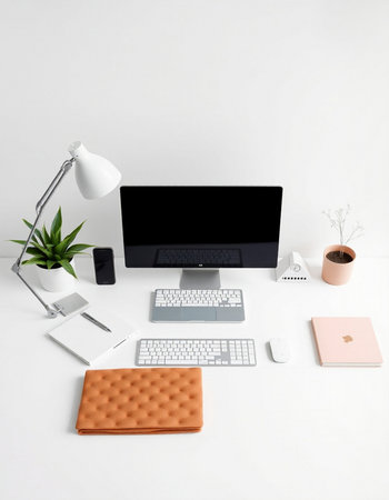 Modern workspace with computer and accessories on white background. Flat lay, top view