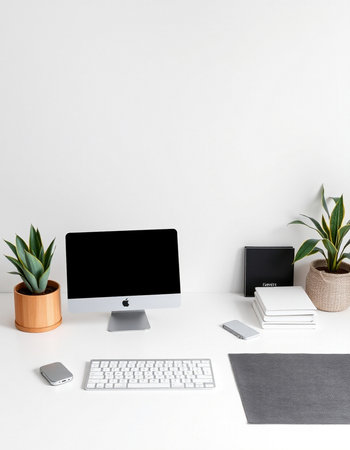 Minimal workspace with blank computer screen, stationery and plants. 3D Rendering