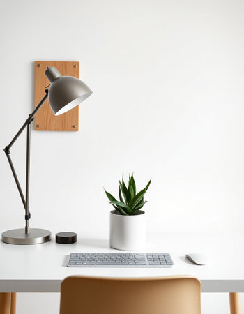 Modern office interior with a laptop and a plant. 3d renderの写真素材
