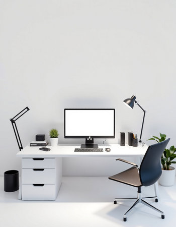 Front view of modern workplace with blank computer screen, stationery and decorations. Mock up, 3D...