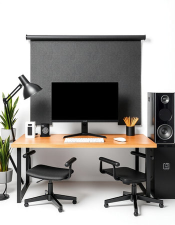 Modern workspace with computer and other equipment on the white background. 3d rendering.