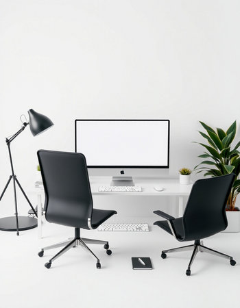 Modern office interior with white walls, concrete floor, white computer screen and black chairs. 3d rendering mock upの写真素材