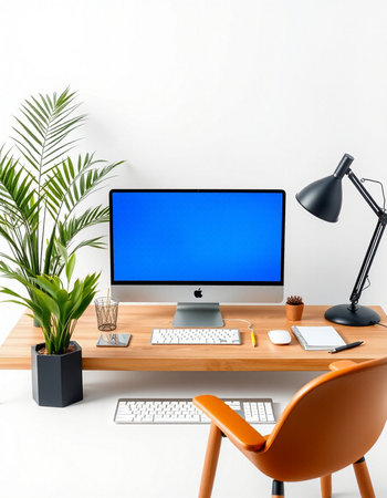 Workplace with computer, keyboard, lamp and plant on white wall background