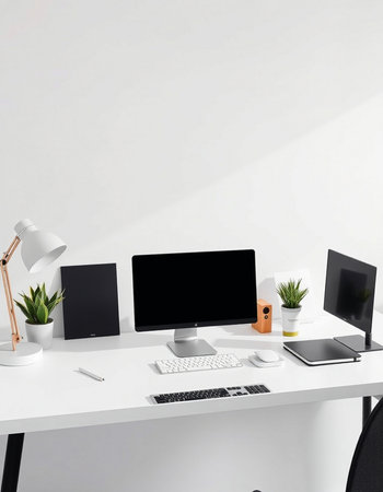 Modern workspace with blank screen computer, supplies and decorations. Mock up, 3D Rendering