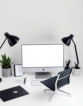 Modern workspace with computer, supplies and decorations. Mock up, 3D Renderingの写真素材