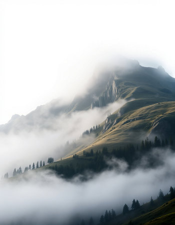Mountain landscape with fog and clouds, Dolomites, Italyの写真素材