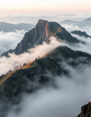 Mountain landscape with fog and clouds at sunrise. Dolomites, Italyの写真素材