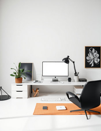 Minimalistic home office interior with white walls, concrete floor, orange computer desk, black...