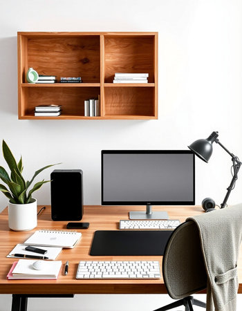 workplace with computer, bookshelf, lamp and other objects