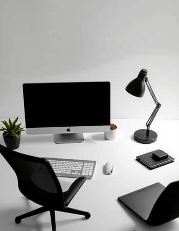 3d render of modern workspace with computer, mouse, keyboard and lampの写真素材