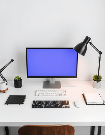 Modern workplace with computer and stationery on table. 3D rendering