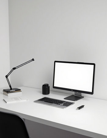 Modern workspace with blank screen computer, books, lamp and coffee cup on white table