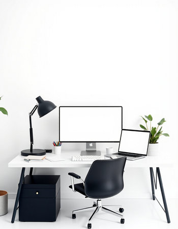 Modern workspace with computer and blank screen mockup. 3d renderingの写真素材