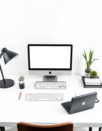 illustration of modern designer desktop with blank white computer screen, keyboard, stationery, lamp...