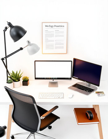workplace with modern computer, lamp and stationery. 3d rendering
