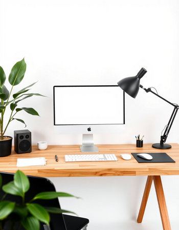 Workspace with computer, keyboard, mouse, lamp, cup and plant on wooden tableの写真素材